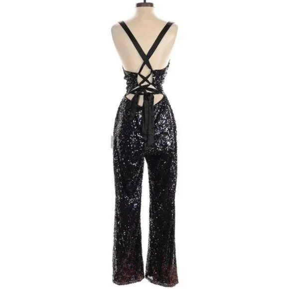 🪩💋70s GLAM DISCO ERA!💋🪩 High-Shine Iridescent Black Sequin Lace-Up Jumpsuit - Picture 7 of 10